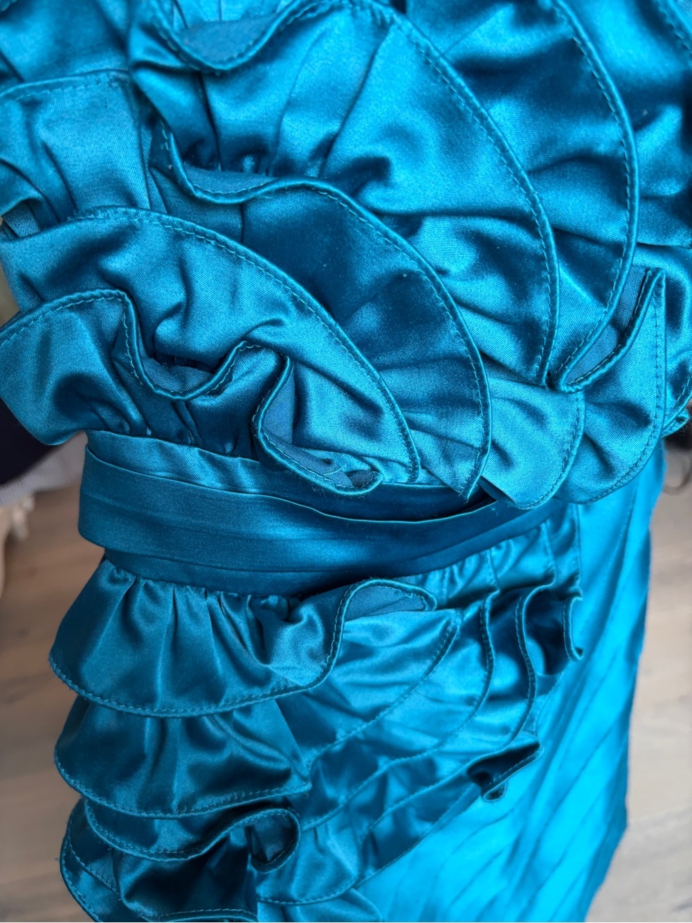 Teal Ruffle Strapless Prom Dress - Picture 6 of 7